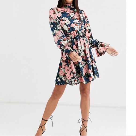 Missguided Tall Tie Waist Floral Smock Dress Size 12 - Picture 1 of 14